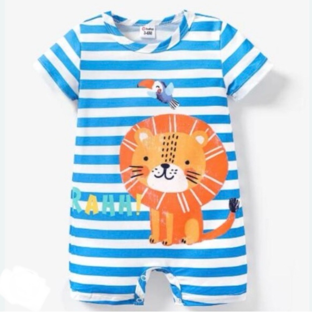 Patpat Baby Boy Cartoon Lion Print Blue Striped Short-Sleeve Romper, Size 12-18M